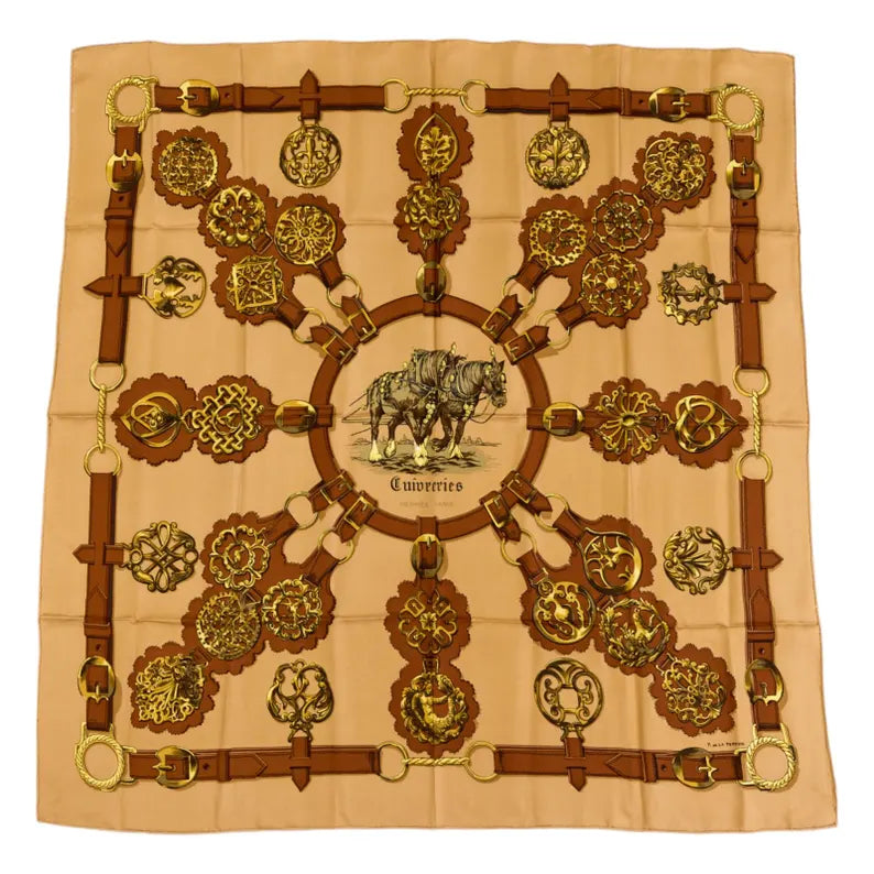 Vintage Hermès Cuivreries Beige Silk Carré 90 Scarf