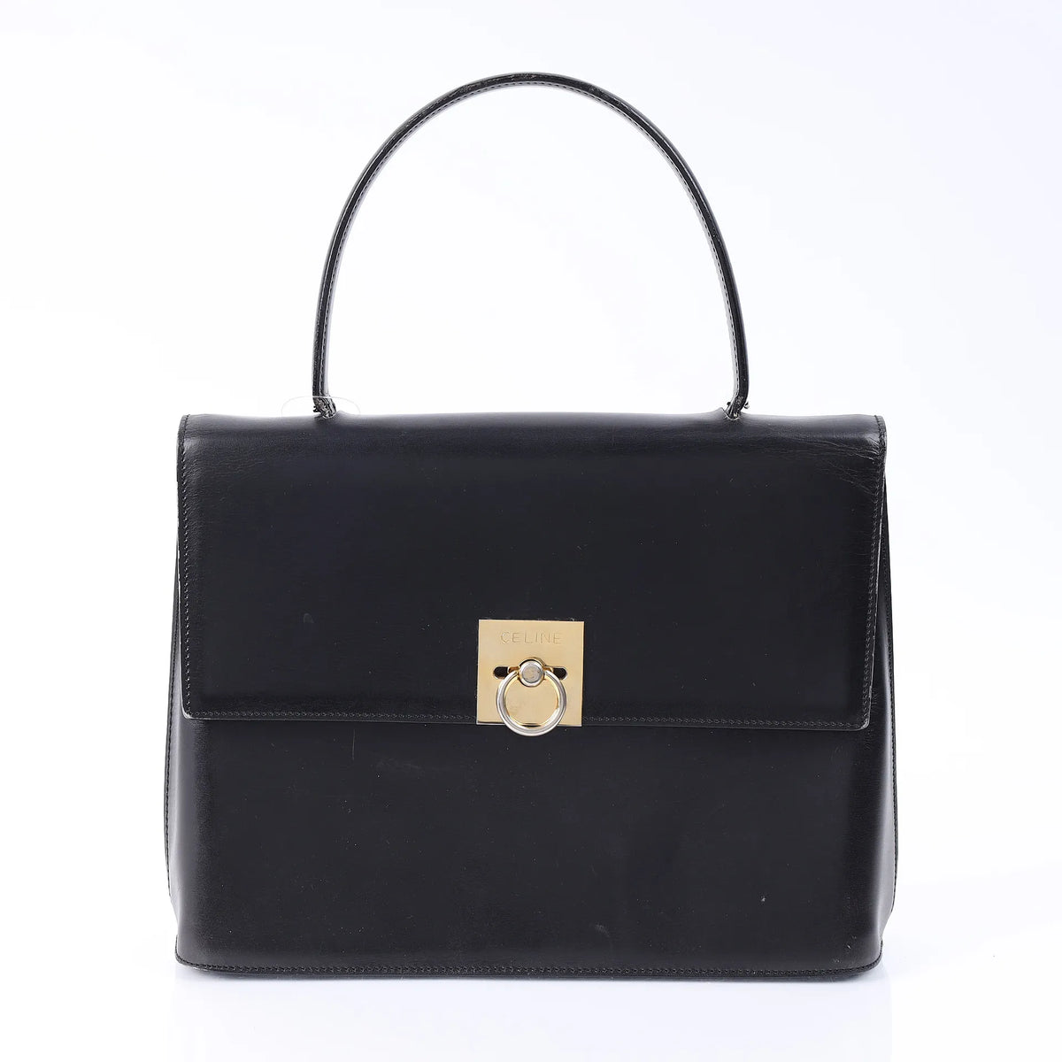 Vintage Celine Black Box Calf Ring-Clasp Top Handle Bag