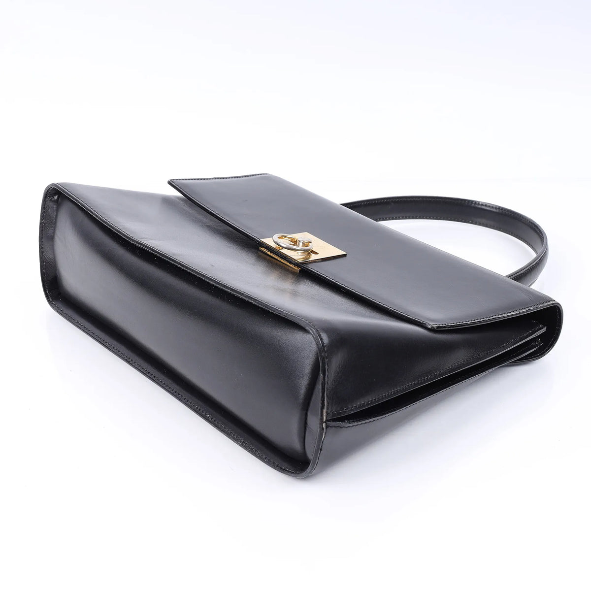 Vintage Celine Black Box Calf Ring-Clasp Top Handle Bag